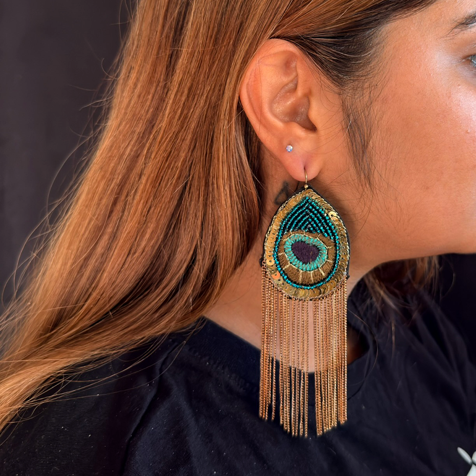 Peacock Fringe — Handmade Statement Earrings