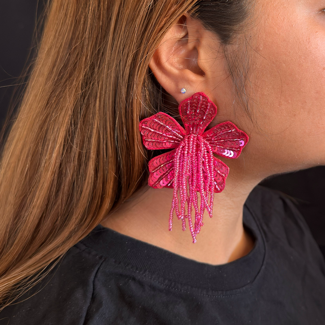 Beaded Flower Statement Earrings