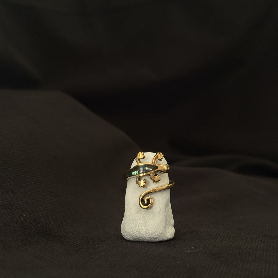 Brass wrap ring with iridescent abalone shell