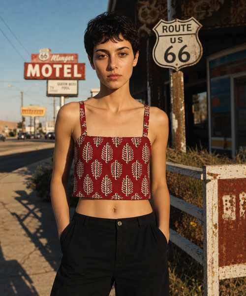 Red Block Print Cotton Crop Top