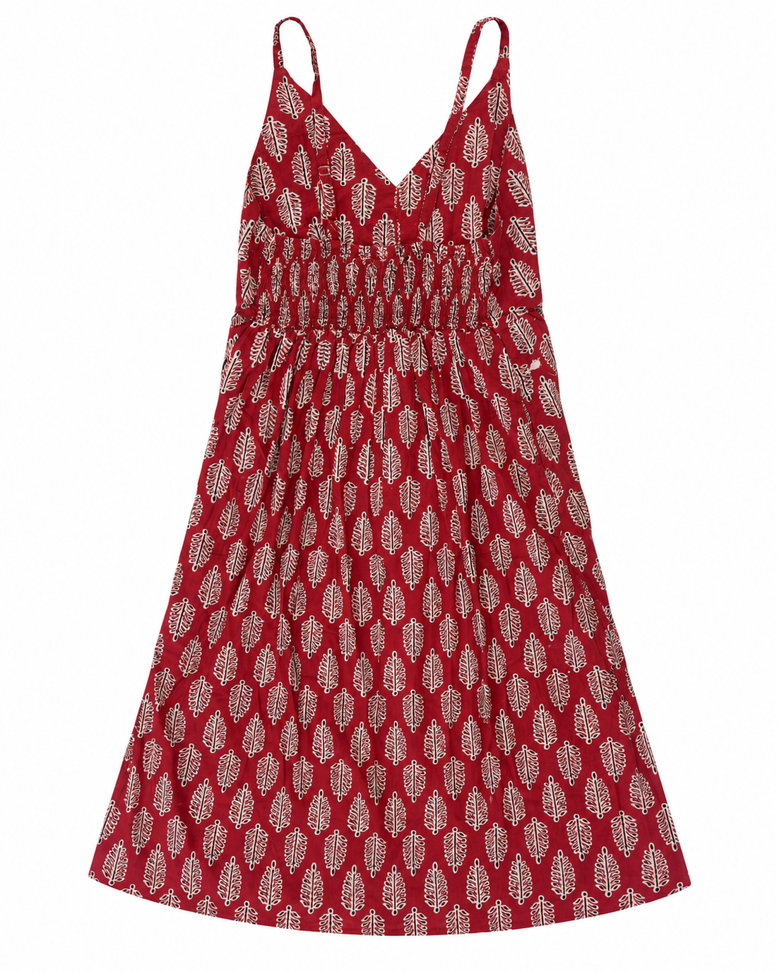 Red Leaf Block Print Cotton Midi Dress