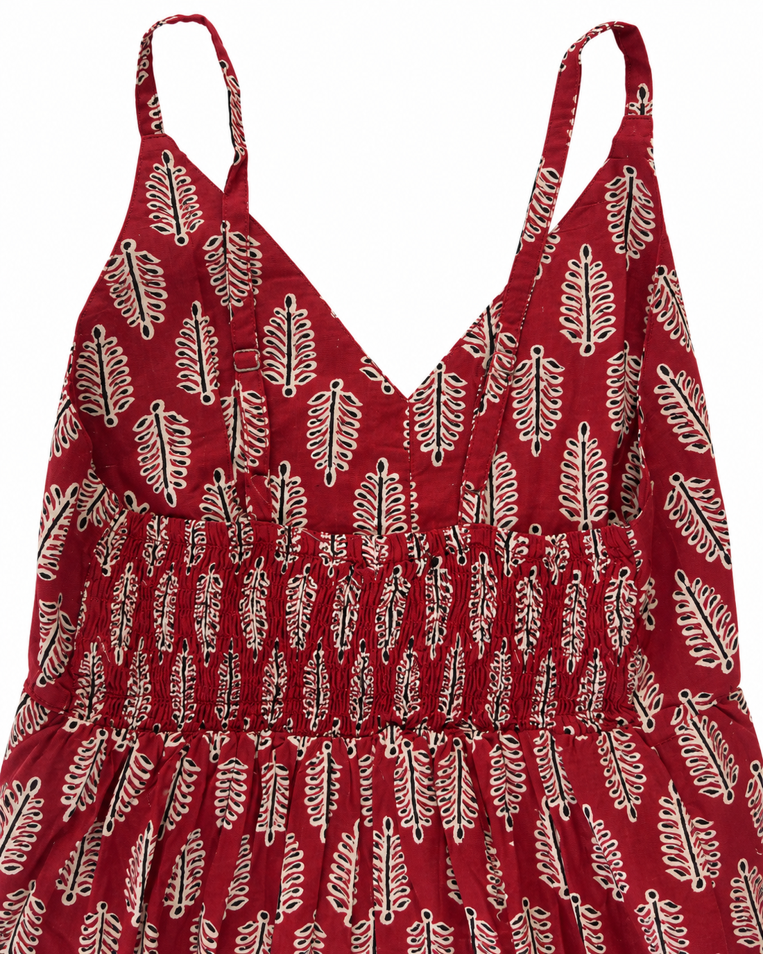 Red Leaf Block Print Cotton Midi Dress