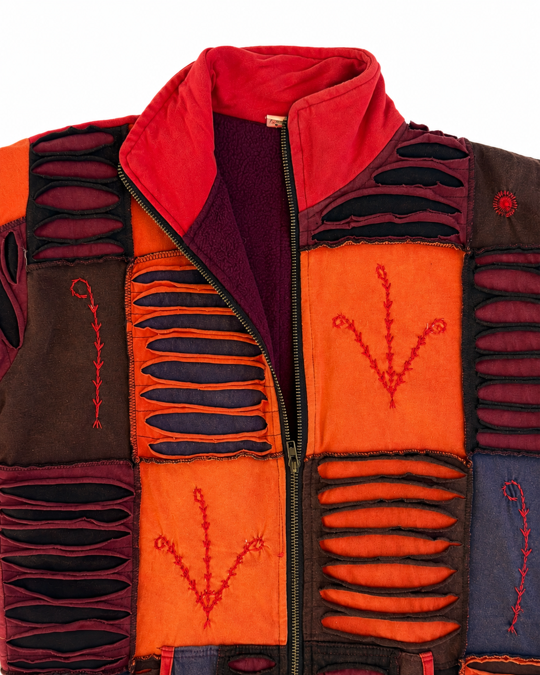 Red & Orange Distressed Patchwork Zip Jacket