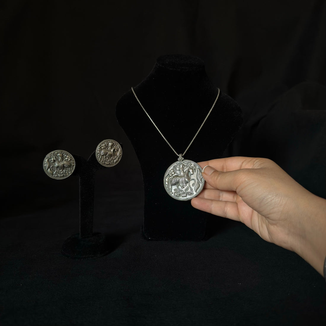 Oxidized brass rider medallion necklace set with matching earrings