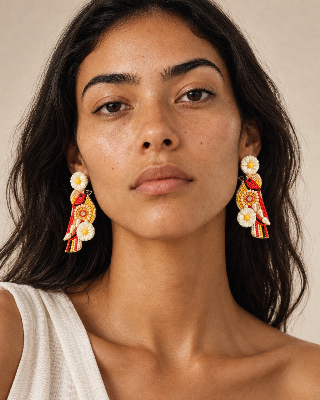 Scarlet Bloom — Handmade Beaded Bird Earrings