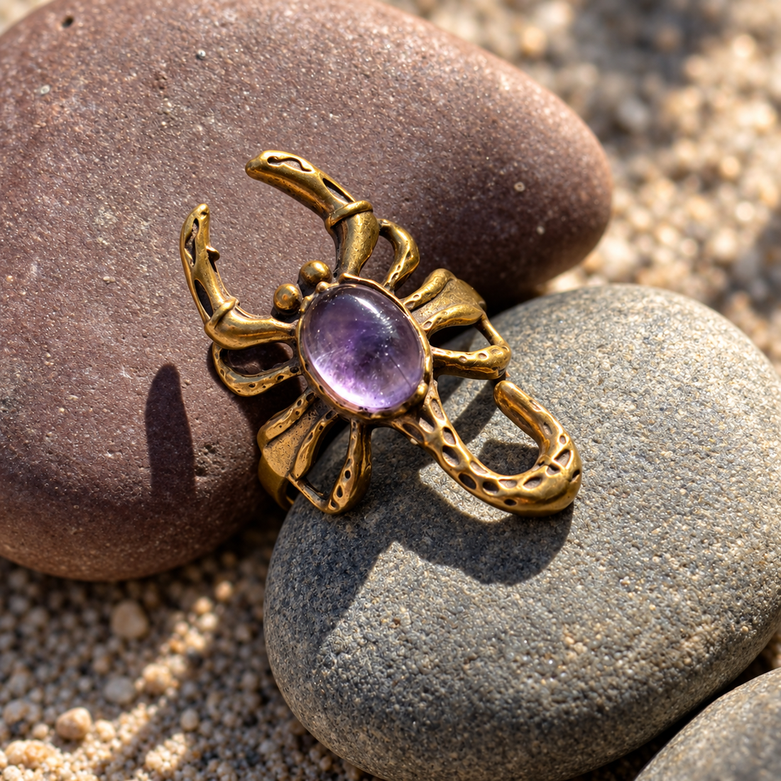 Brass Scorpion Statement Ring with Amethyst Stone