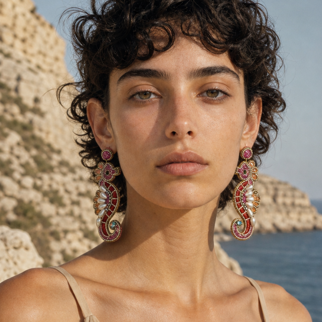 Beaded Seahorse Statement Earrings
