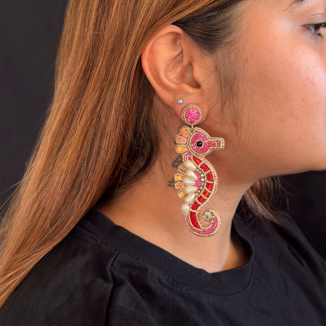 Beaded Seahorse Statement Earrings