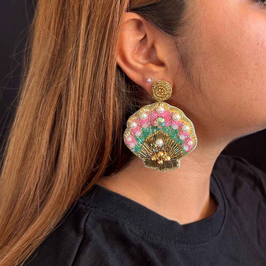Beaded Seashell Statement Earrings
