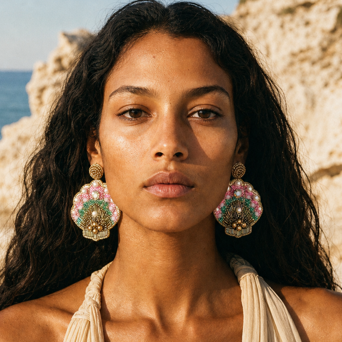 Beaded Seashell Statement Earrings