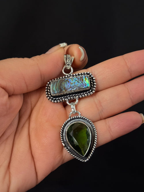 Abalone and green stone drop pendant