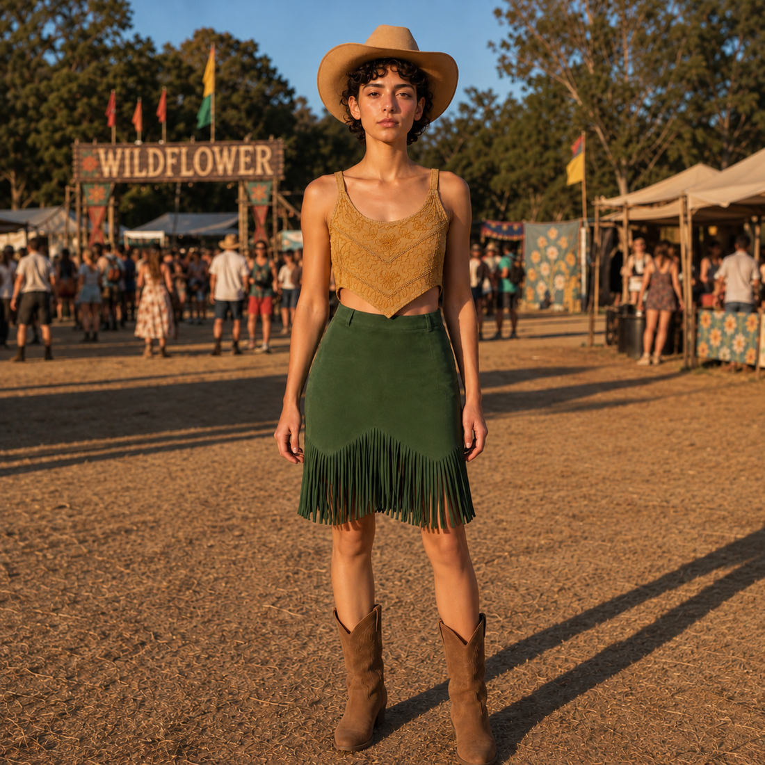 Green Fringe Knee-Length Skirt