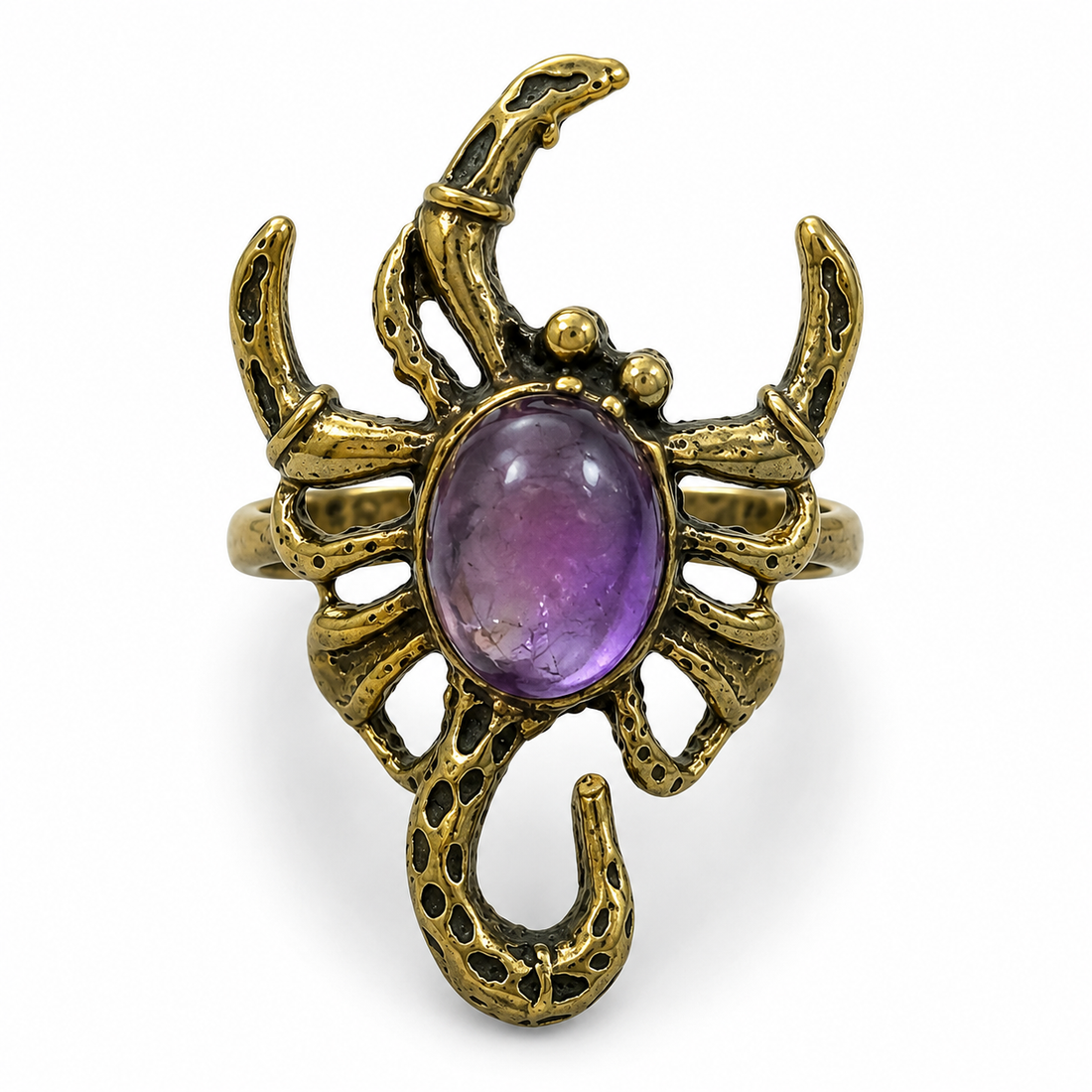 Brass Scorpion Statement Ring with Amethyst Stone