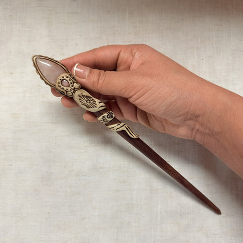 Pink rose quartz wooden hair stick