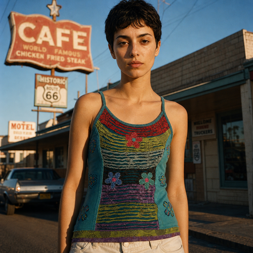 Teal Layered Patchwork Cotton Cami Top