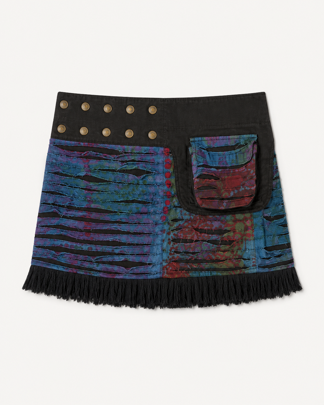 Multicolor Shredded Wrap Skirt with Fringe