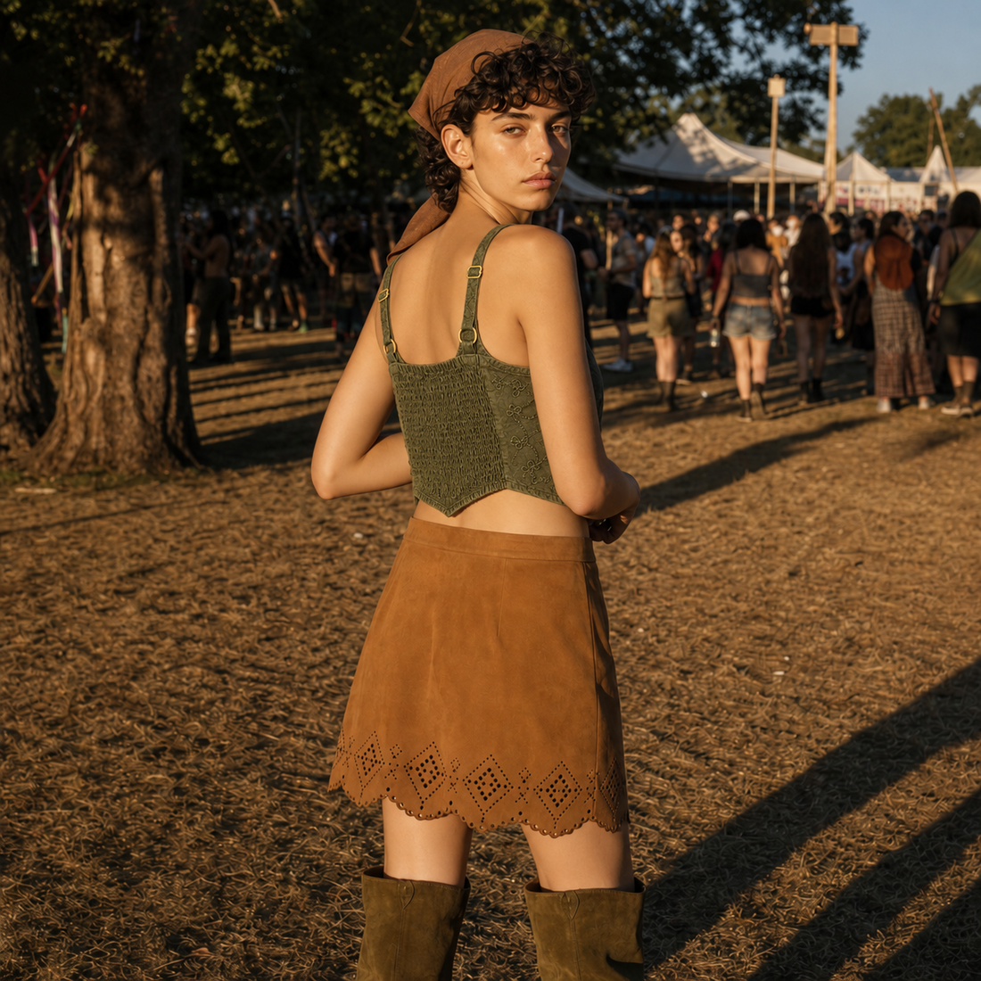 Embroidered Cotton Smocked-Back Crop Top