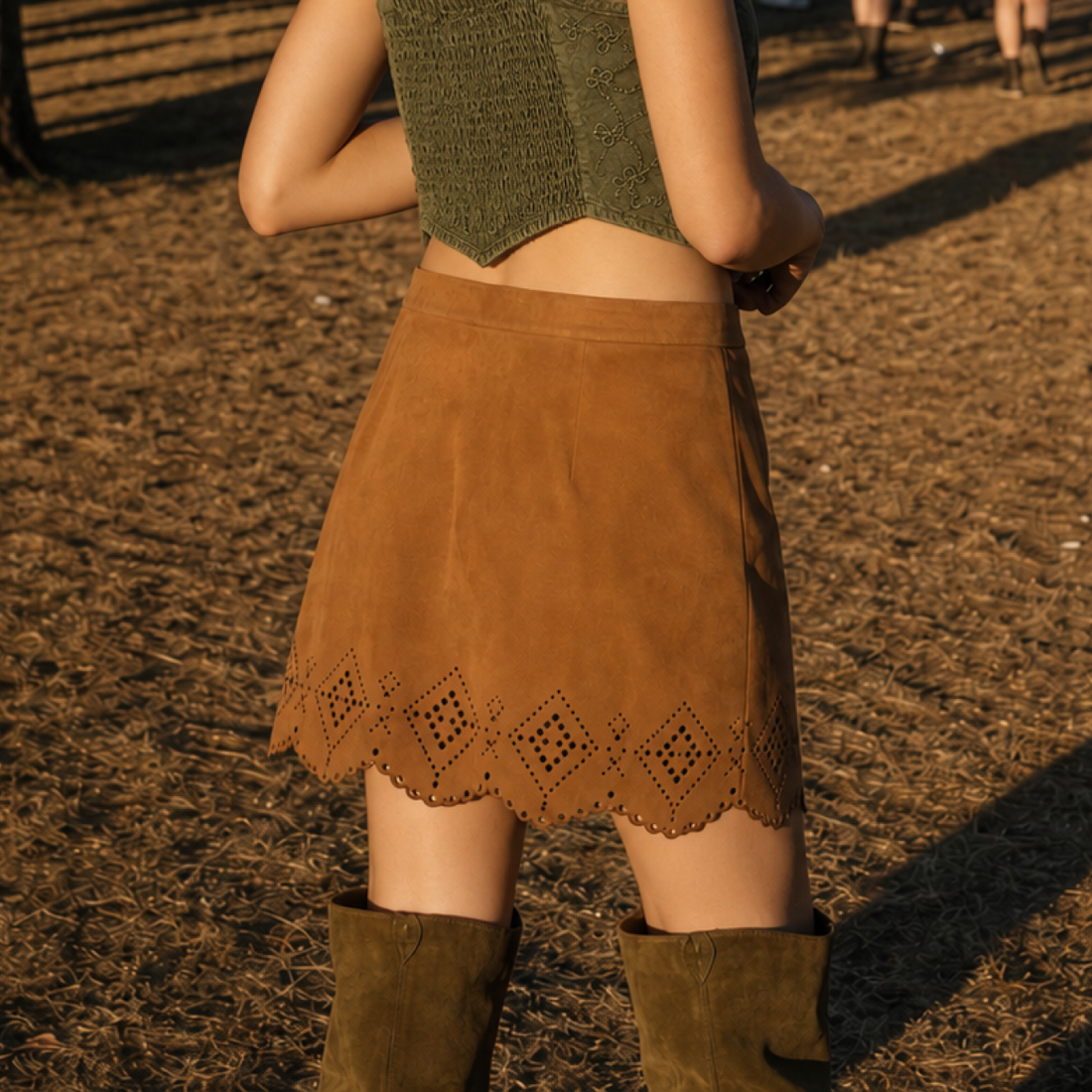Tan Cutout Scallop-Hem Skirt