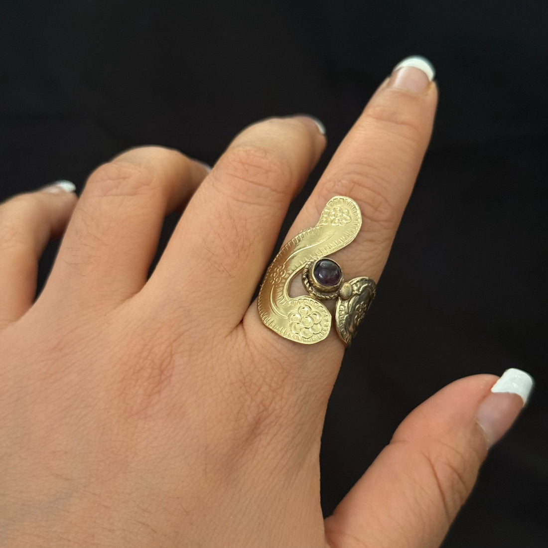 Paisley statement ring with purple cabochon