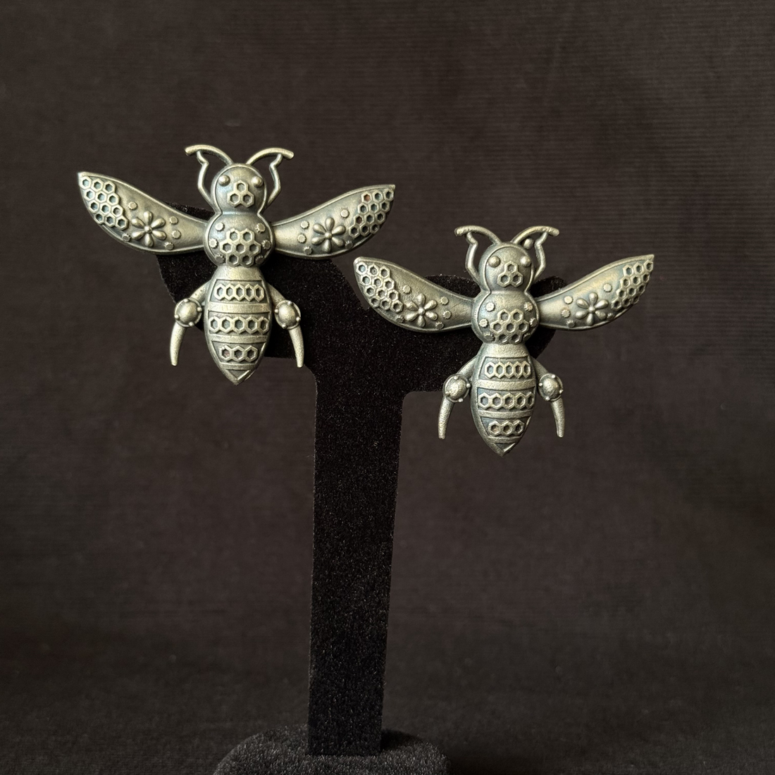 Oxidized brass bee statement earrings