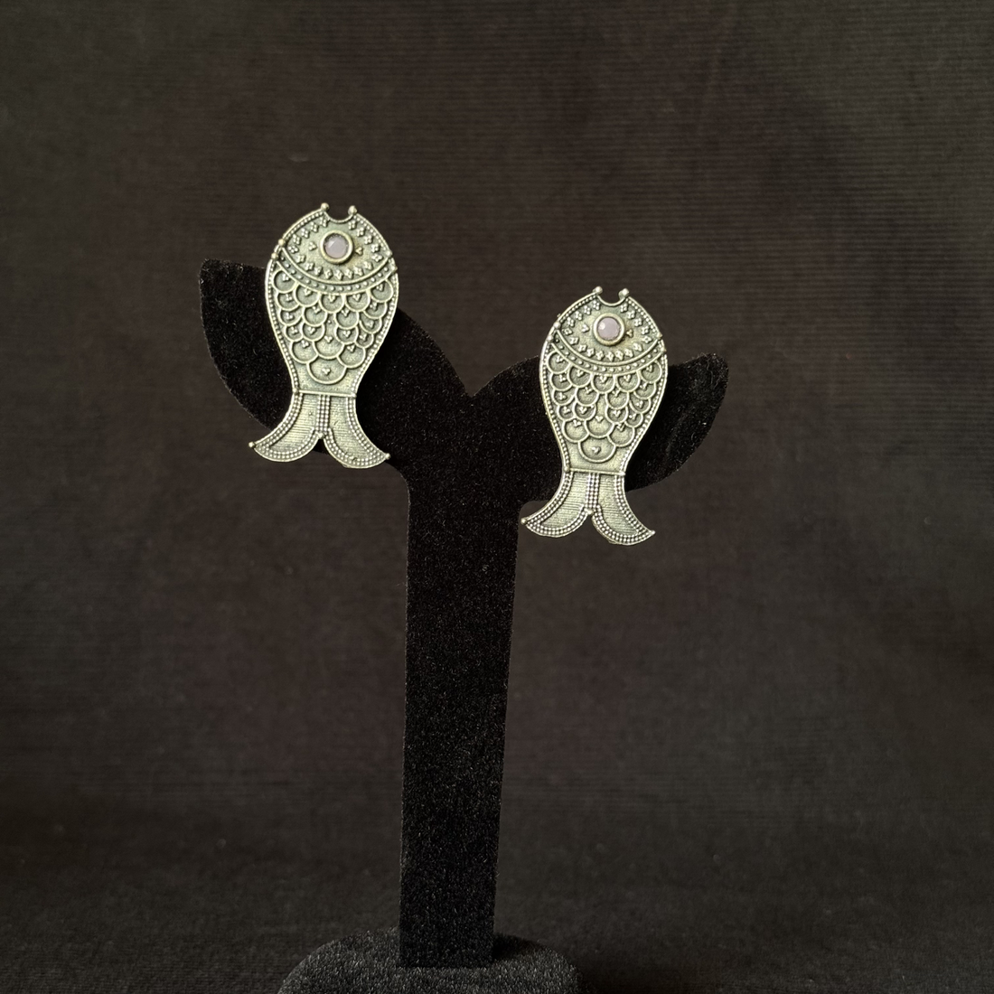 Oxidized brass fish statement earrings