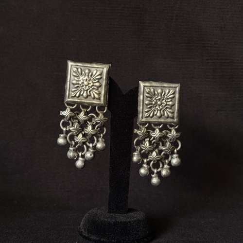 Oxidized brass square floral cascade earrings