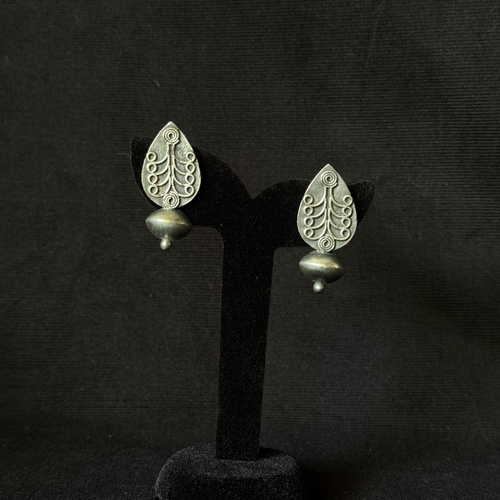 Oxidized brass leaf motif dome drop earrings