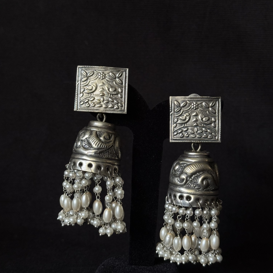 Oxidized brass square top jhumka earrings with pearl-look drops