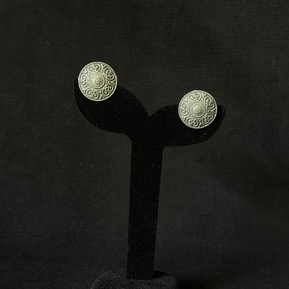 Oxidized brass engraved scrollwork round medallion stud earrings