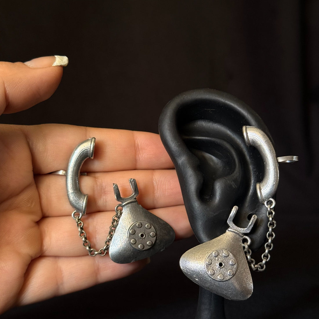 Oxidized brass vintage telephone ear cuff earrings