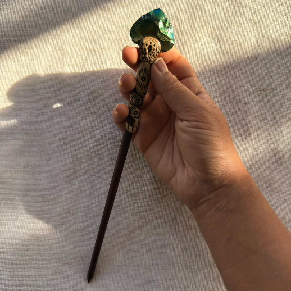 Titanium aura obsidian arrowhead wooden hair stick