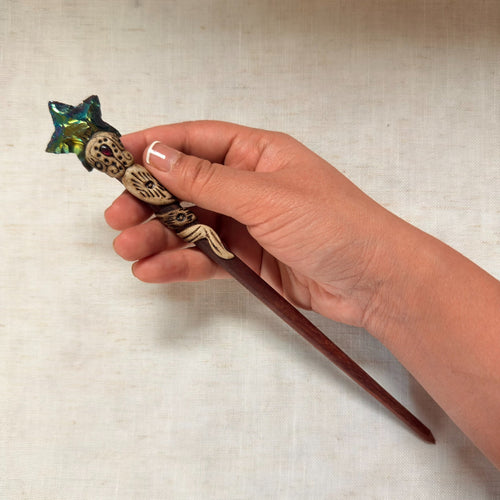 Titanium aura obsidian star wooden hair stick