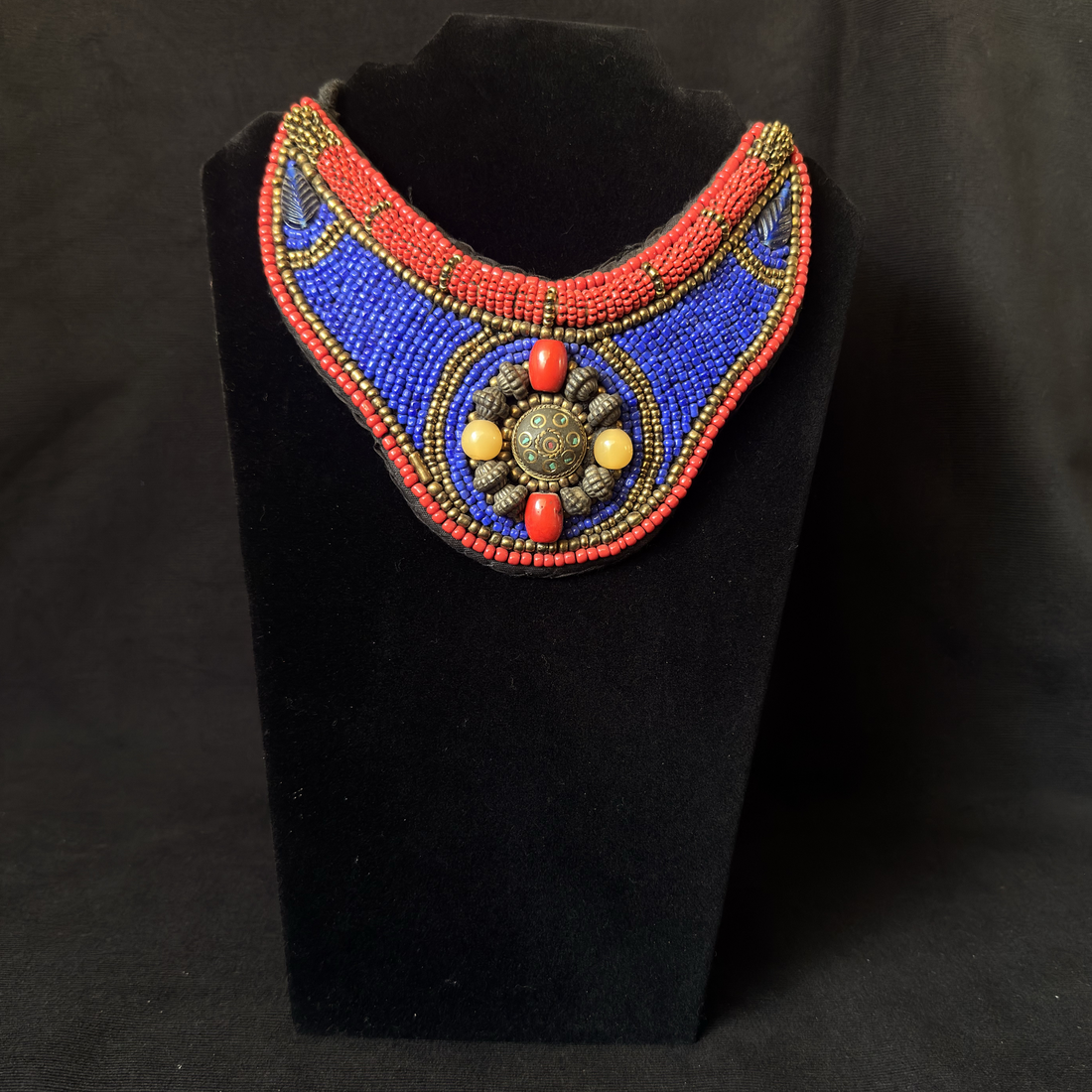Vintage Afghan cobalt red bead choker necklace