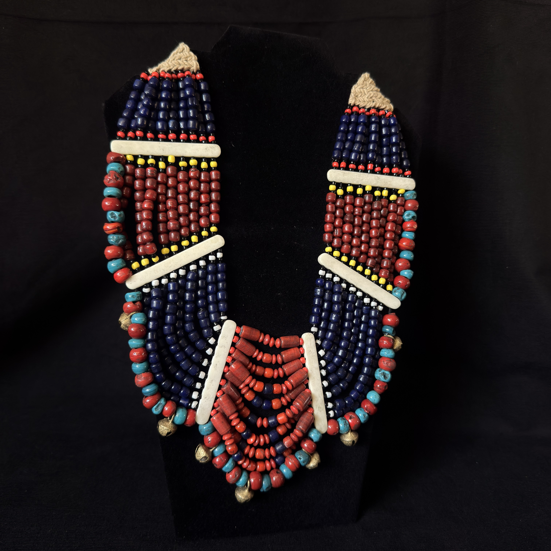 Cobalt and rust geometric beadwork bib necklace