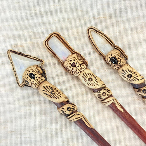 Handmade white opalite hair sticks in arrowhead, rectangle and spear shapes