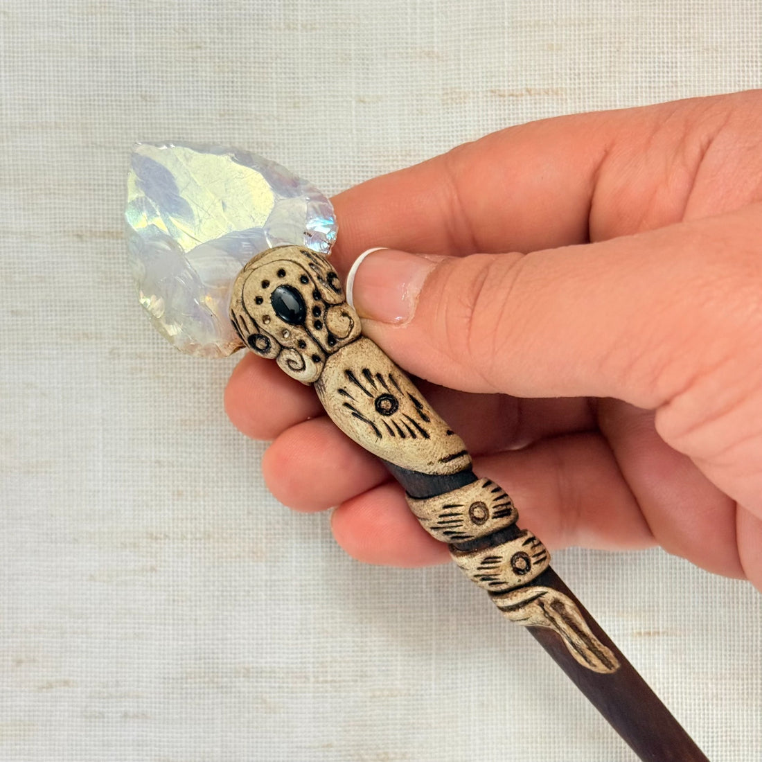 White Opalite Spear Hair Stick with dark accent stone
