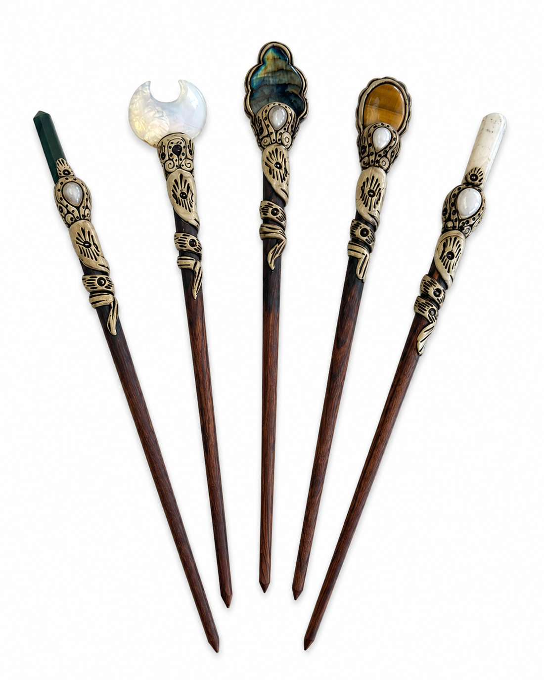 Natural Stone Wooden Hair Bun Stick – Moonstone, Labradorite, Tiger’s Eye & Quartz
